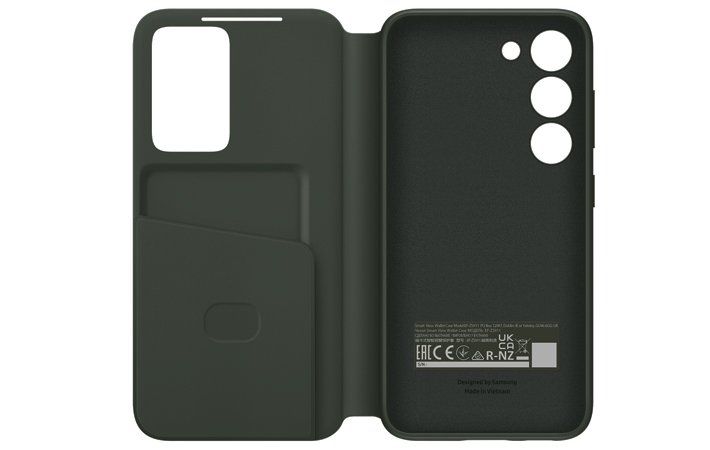 Wallet/folio case kulit dengan slot kartu dan mode stand – tampak terbuka